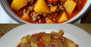 Bauernpfanne mit Hackfleisch, Gemüse und Gewürzen in einer Pfanne zubereitet