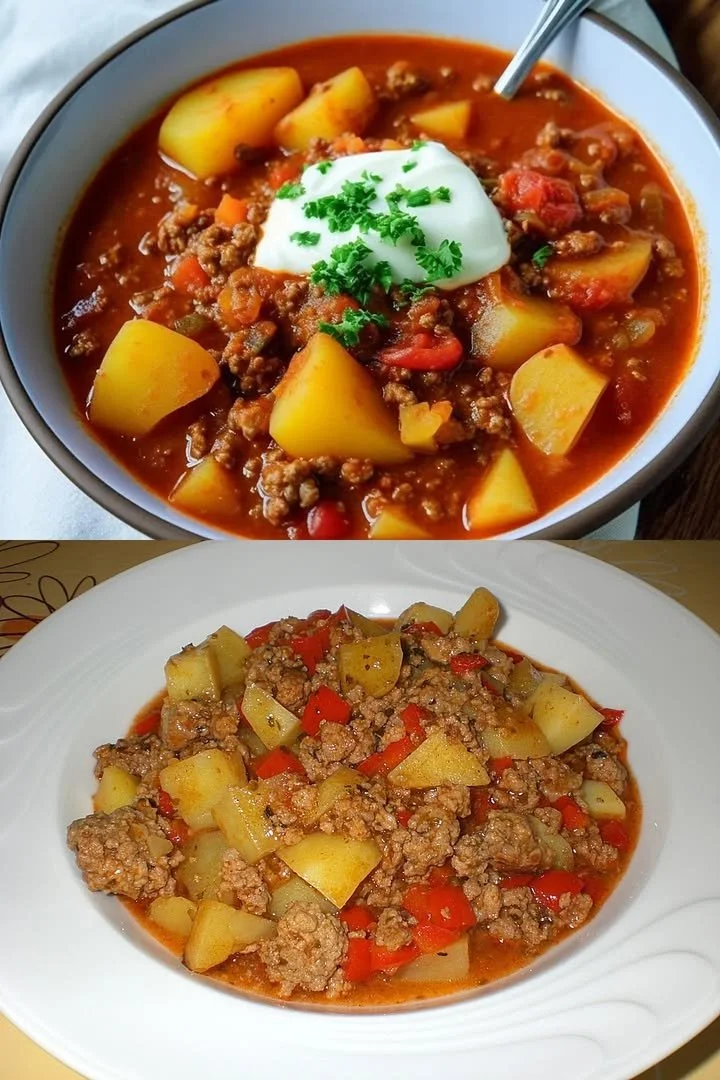 Bauernpfanne mit Hackfleisch, Gemüse und Gewürzen in einer Pfanne zubereitet