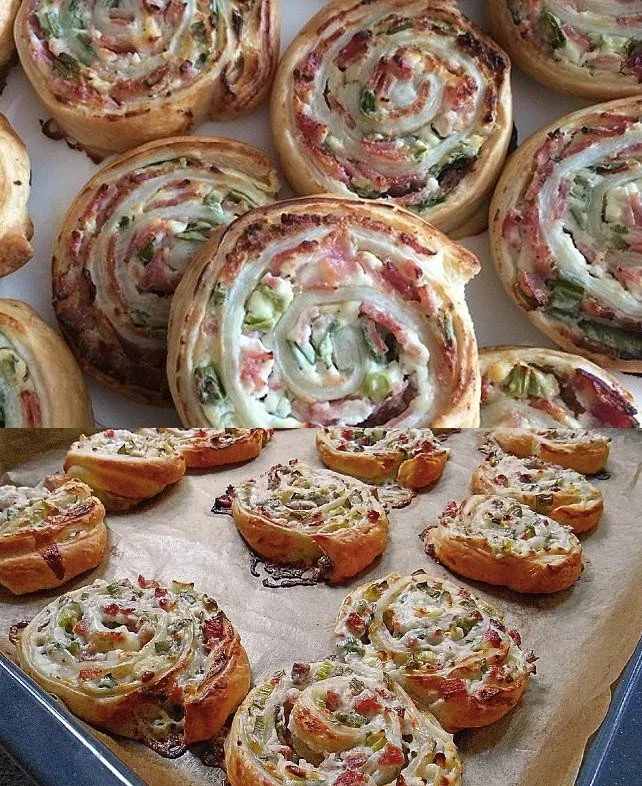 Blätterteig-Röllchen gefüllt mit Schinken und Frischkäse auf einem Teller