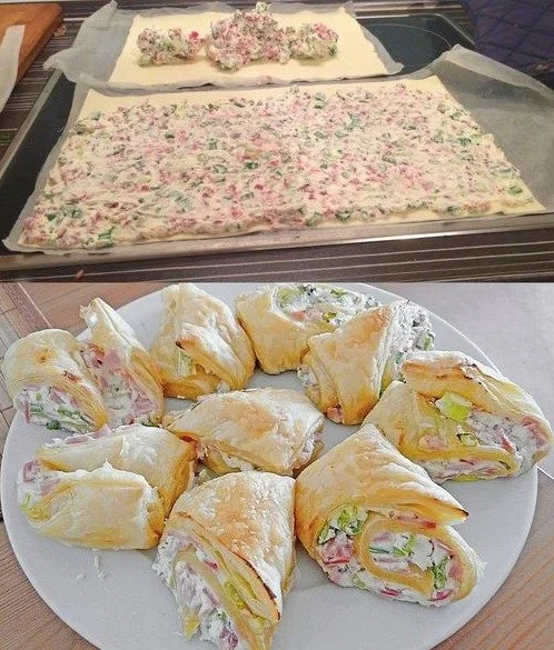 Blätterteigrolle gefüllt mit Schinken und Frischkäse auf einem Tisch