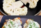 Blumenkohlsteak mit Champignons und Mozzarella auf einem Teller serviert