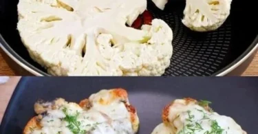 Blumenkohlsteak mit Champignons und Mozzarella auf einem Teller serviert