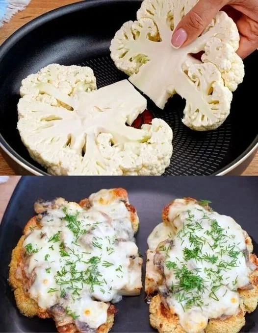 Blumenkohlsteak mit Champignons und Mozzarella auf einem Teller serviert