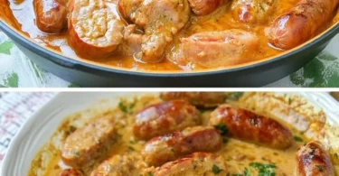 Bratwurstgeschnetzeltes, serviert mit Beilagen auf einem Teller