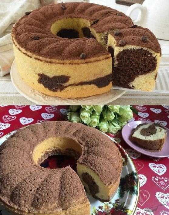 Leckerer Bundt-Kuchen mit Kaffee und Kakao auf einem Tisch serviert.