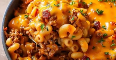 Leckere Cheeseburger Pfanne mit saftigem Fleisch und frischem Gemüse