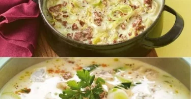 Deutsche Käse- und Lauchsuppe mit Hackfleisch in einer Schüssel serviert