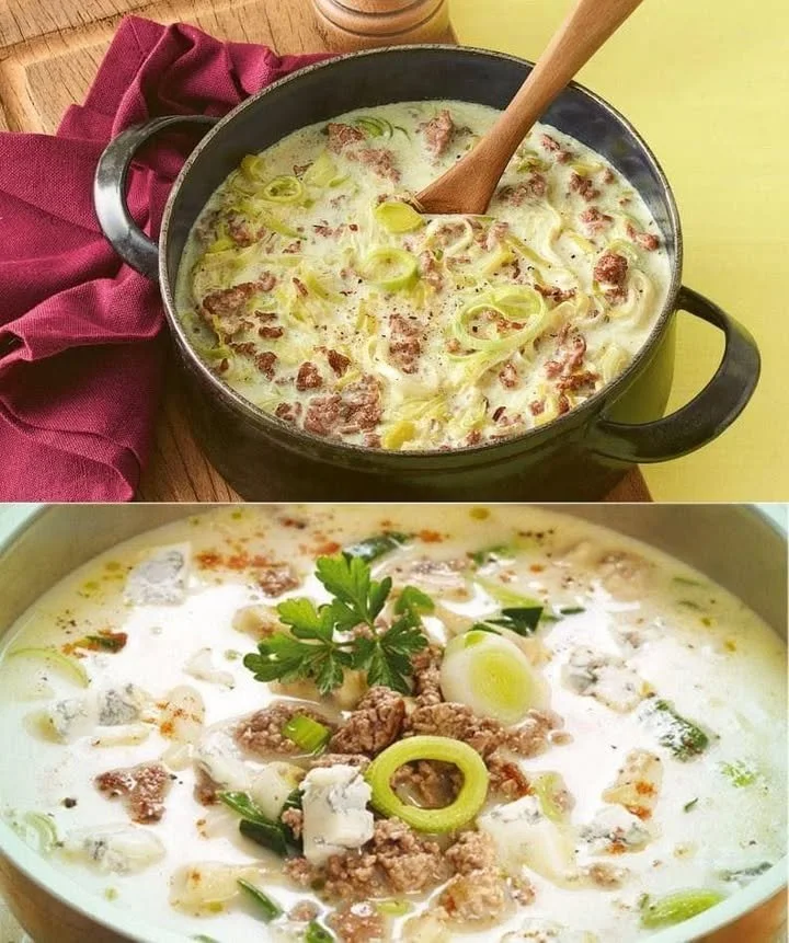 Deutsche Käse- und Lauchsuppe mit Hackfleisch in einer Schüssel serviert