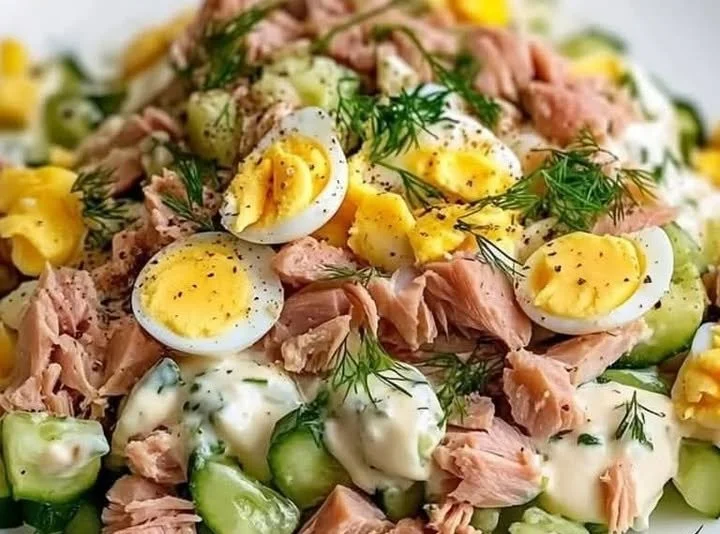 Eier-Gurken-Thunfischsalat in einer Schüssel mit frischen Zutaten