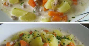 Eintopf aus Hackfleisch, Kartoffeln, Sauerrahm und Karotten