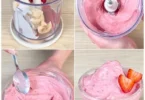 Erdbeer-Bananenshake in einem Glas mit frischen Erdbeeren und Bananen dekoriert.