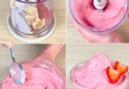 Leckerer Erdbeer-Bananenshake und Erdbeercreme in einem Glas