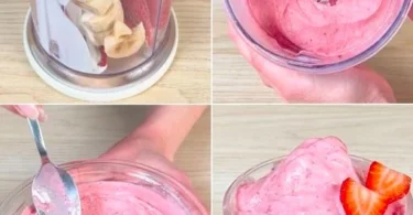Leckerer Erdbeer-Bananenshake und Erdbeercreme in einem Glas