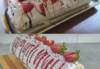 Erdbeer-Swiss-Rolle mit frischen Erdbeeren und Sahne, auf einem Teller serviert.