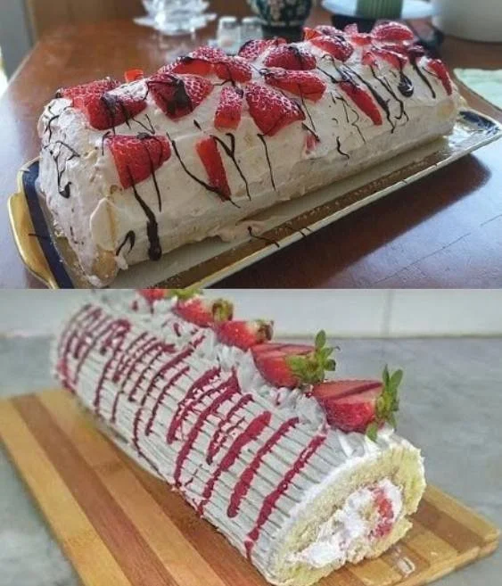 Erdbeer-Swiss-Rolle mit frischen Erdbeeren und Sahne, auf einem Teller serviert.