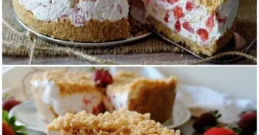 Erdbeerkuchen ohne Backen mit frischen Erdbeeren dekoriert