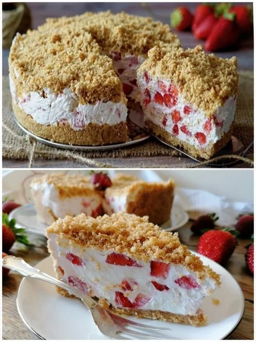 Erdbeerkuchen ohne Backen mit frischen Erdbeeren dekoriert