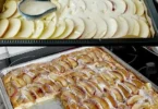 Fantastischer Apfelblechkuchen mit saftigen Äpfeln auf einem Blech