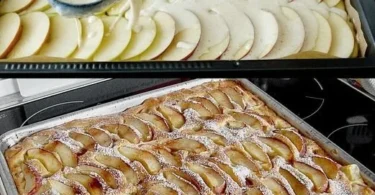 Fantastischer Apfelblechkuchen mit saftigen Äpfeln auf einem Blech