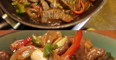 Leckere Fleisch-Pfanne mit frischen Zutaten und Gewürzen