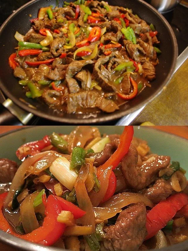 Leckere Fleisch-Pfanne mit frischen Zutaten und Gewürzen