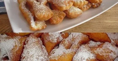 Frittierte Teigstreifen mit Puderzucker auf einem Teller