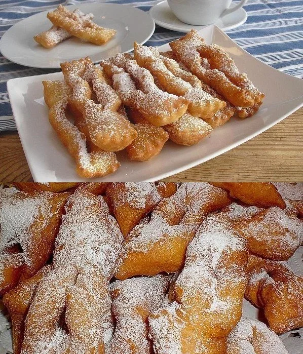 Frittierte Teigstreifen mit Puderzucker auf einem Teller