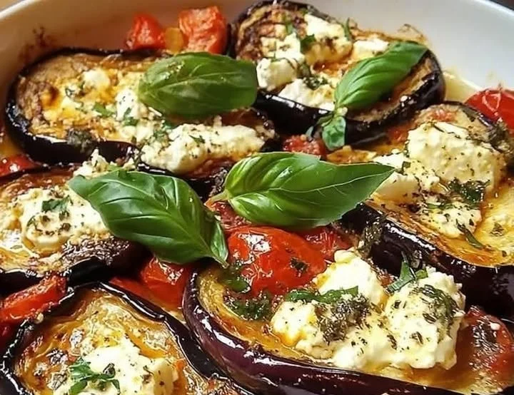 Gebackene Auberginen mit Feta und Kirschtomaten auf einem Teller serviert.