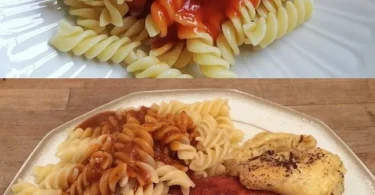 Gebratene Bologna mit Makkaroni auf einem Teller serviert