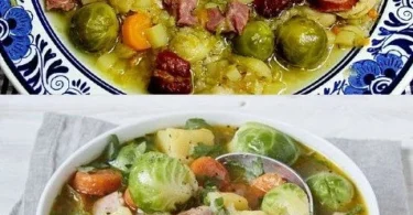 Gemüsesuppe mit Mettwurst in einer Schüssel, angerichtet mit frischen Kräutern