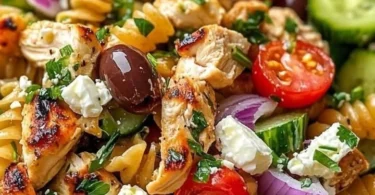 Köstlicher Griechischer Hähnchen-Tzatziki-Pasta-Salat mit frischen Zutaten