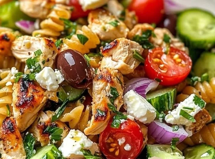 Köstlicher Griechischer Hähnchen-Tzatziki-Pasta-Salat mit frischen Zutaten