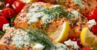Griechischer Lachs mit Zitronen-Dill-Sauce auf einem Teller
