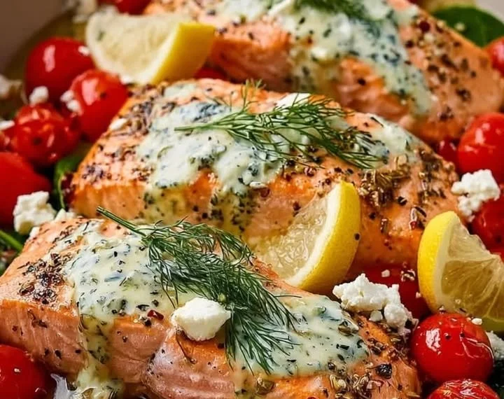 Griechischer Lachs mit Zitronen-Dill-Sauce auf einem Teller