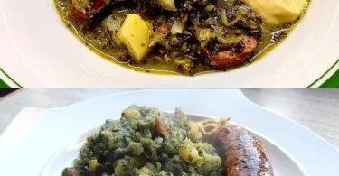 Schüssel mit Großmutters Grünkohlsuppe, herzhaft und nahrhaft, ideal für den Winter