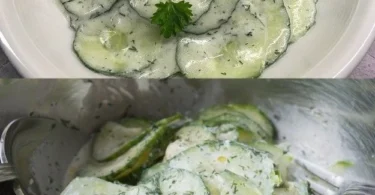 Frischer Gurkensalat mit Joghurt auf einem Teller serviert