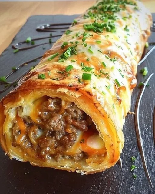 Leckere Hackfleisch Käse Rolle auf einem Teller serviert