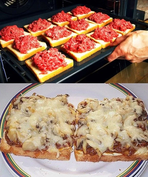 Leckere Hackfleisch Toasts auf einem Teller mit frischen Kräutern garniert.