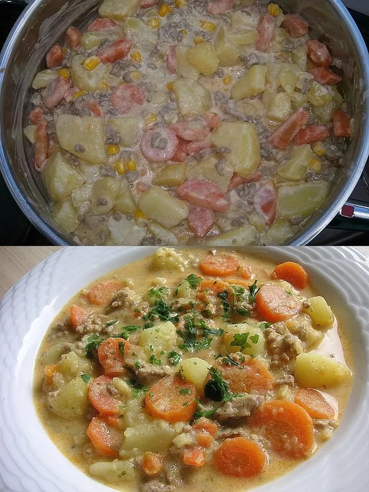 Hackfleisch und Kartoffel-Möhren Eintopf in einem Topf angerichtet
