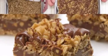 Haferflocken-Erdnussbutter-Riegel auf einem Holzbrett, gesund und lecker.