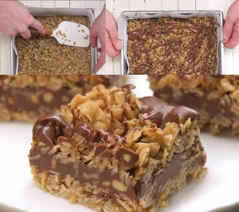 Haferflocken-Erdnussbutter-Riegel auf einem Holzbrett, gesund und lecker.