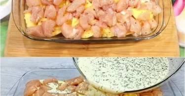 Hähnchen Kartoffel Gratin frisch aus dem Ofen, appetitlich angerichtet