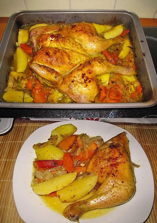 Hähnchen mit Kartoffeln und Zwiebeln auf einem Teller serviert