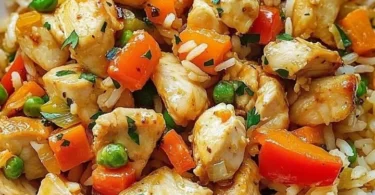 Hähnchen mit Reis und Gemüse in einer Pfanne zubereitet