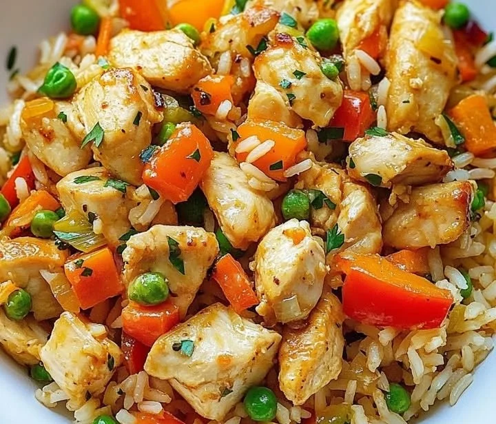 Hähnchen mit Reis und Gemüse in einer Pfanne zubereitet