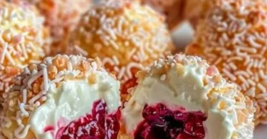 Himbeer Frischkäse Kugeln auf einem Teller, dekoriert mit frischen Himbeeren