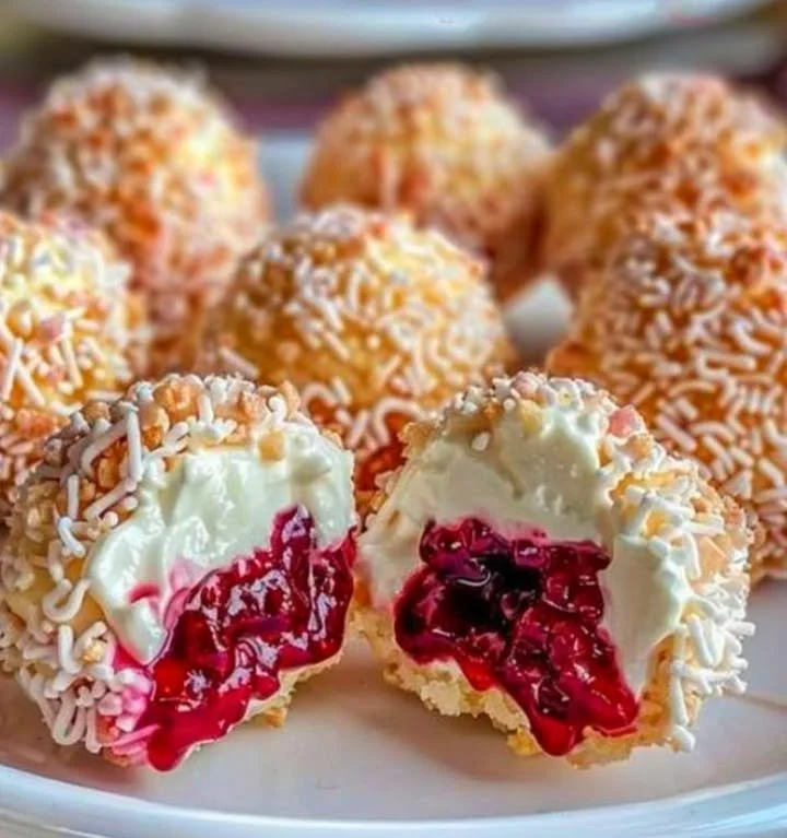 Himbeer Frischkäse Kugeln auf einem Teller, dekoriert mit frischen Himbeeren