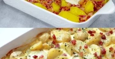 Leckere Portion Kartoffel-Bacon-Auflauf frisch serviert