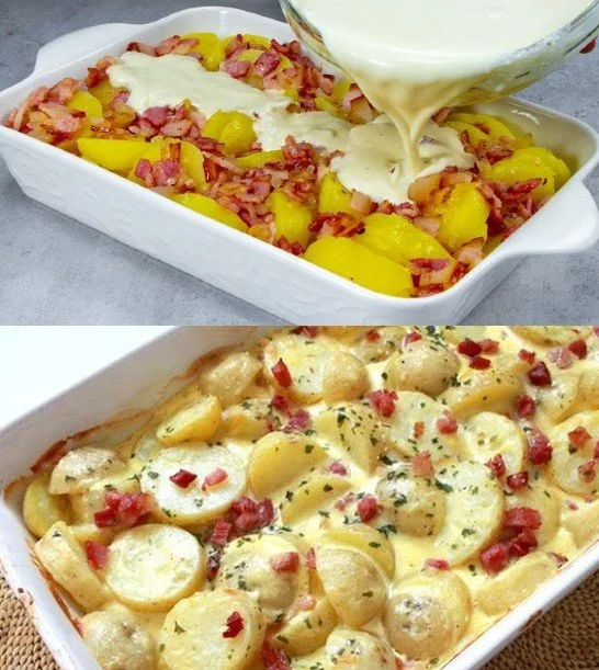 Leckere Portion Kartoffel-Bacon-Auflauf frisch serviert
