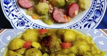 Leckerer Kartoffel-Möhren-Rosenkohl Eintopf in einer Schüssel serviert
